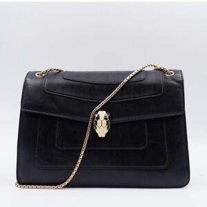 Elegant BVLGARI Serpenti Black Leather Handbag with Gold Chain